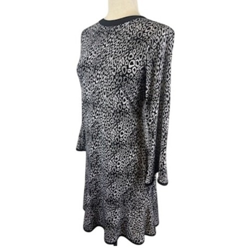 Michael Kors Dress Animal Print Long Sleeve Ruffle Hem Black‎ Silver Size Medium